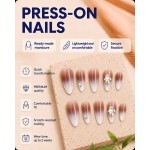 Nude‑Brown Milky White Ombre Rhinestone Press‑On Nails, Elegant Long Almond False Nails